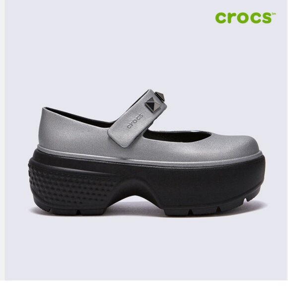 NEW Crocs Stomp Metallic Silver Studded Mary Jane Platform Clogs Size W11/M9 - Picture 1 of 8